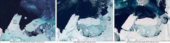 Combo fotográfico que muestra la colisión entre el iceberg B9B (dcha) y la lengua del glaciar Mertz (izq) los días (de izq a der) 7 de enero de 2010, 7 de febrero de 2010 y 20 de febrero de 2010. Los choques han causado la creación de un nuevo iceberg del tamaño de Luxemburgo. Una colisión como ésta solo ocurre cada 50-100 años, según afirmó un experto en glaciares en un programa de radio australiano hoy, viernes 26 de febrero de 2010. El iceberg de 90 kilómetros de largo y 30 kilómetros de ancho vaga a la deriva hacia el norte. EFE Foto: Neal Young - División Antártica australiana