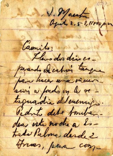 Mensaje de Fidel a Camilo con la indicación de colocar una mina en medio del camino para evitar la retirada enemiga, 2 de agosto de 1958.
