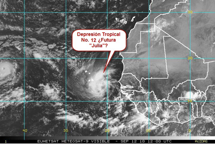 Imagen satélite METEOSAT de la mañana del domingo. La nueva Depresión Tropical No. 12 formada cerca de África.