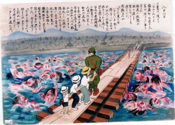 Kihara Toshiko-17-Un soldado ayuda a cruzar el río al autor del dibujo y a sus 2 hermanos mientras miles de cadáveres púrpura flotan en el río