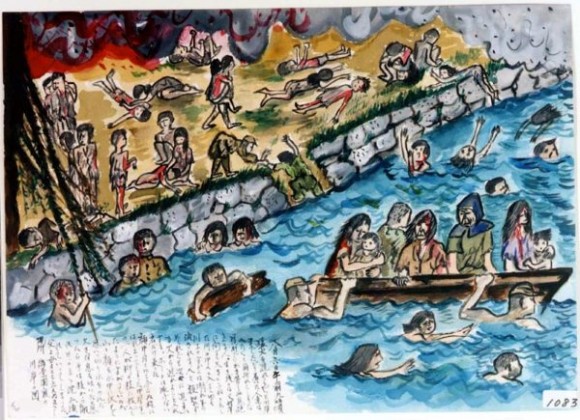 Suga Yoko-14-Cientos de personas tratan de escapar de las llamas saltando al río sin saber nadar, cientos se ahogan y el resto trata de aferrarse a lo que flote