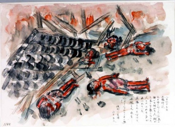 Yamashita Masato-20-Un mar de  fuego rodea los cuerpos quemados de gente a la puerta de sus casas