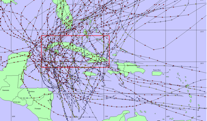 Trayectoria de los huracanes que han azotado a Cuba en el mes de octubre desde 1851 al 2009. Obsérvese la gran cantidad de trayectorias que surgen en el sur del Mar Caribe occidental.
