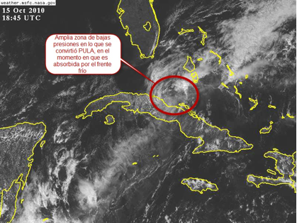 Imagen del satélite GOES a las 2:45 PM (hora de verano de Cuba) del día 15 de octubre. PAULA se convirtió en una amplia zona de bajas presiones ya absorbida por un frente frío.