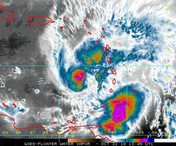 Vapor de agua imagen del satélite, Huracán Tomas (NOAA)