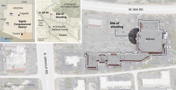 El escenario de la masacre. The New York Times tiene en su web un mapa en el que representa cómo fue la sucesión de los hechos en el tiroteo de Tucson.