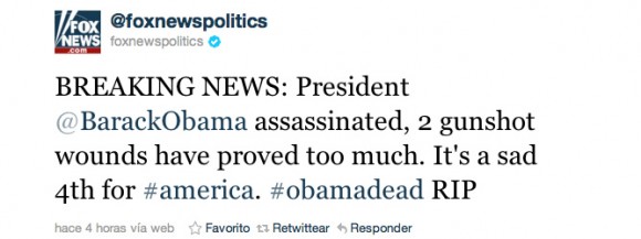 Cuenta de Twitter de Fox News muestra noticia falsa sobre muerte de Obama