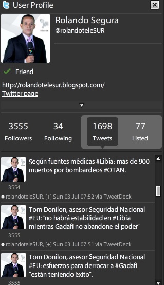 La cuenta en Twitter de Rolando Segura, corresponsal de Telesur en Libia.