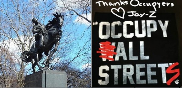 La estatua de José Martí, en el Parque Central de Nueva York. A la derecha, uno de los afiches utilizados en esa ciudad por el movimiento Occupy.