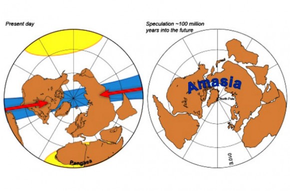 Los continentes actuales de América y Asia (a la izquierda) y la proyección de 'Amasia', el supercontinente, centrado sobre el Ártico. Imagen: www.nature.com