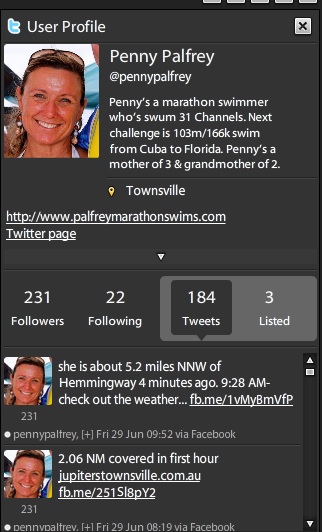 El equipo que acompaña a la nadadora actualiza su cuenta en Twitter @pennypalfrey 