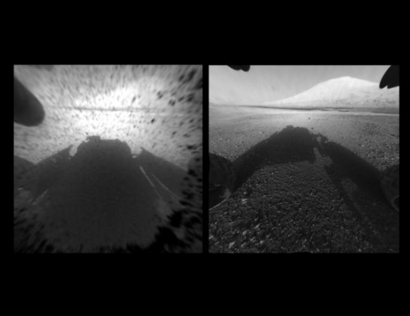 Dusty: Una visión a través de una cámara de Riesgo-Evitar la curiosidad rover de la NASA antes y después de la cubierta de polvo clara fue removido. Ambas imágenes fueron tomadas por una cámara en la parte delantera del vehículo.