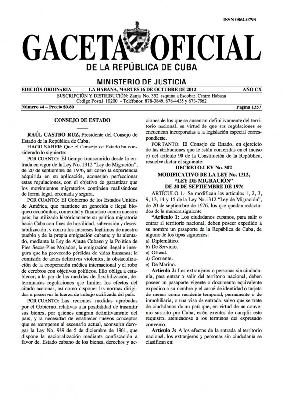 Ley de Migración de Cuba 2012