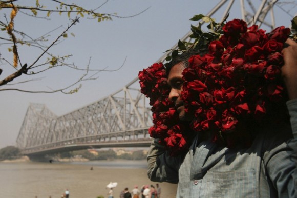 Un vendedor de rosas carga pasa junto al puente Howrah en el día de San Valentín, en Calcuta. Foto: Piyal Adhikary / EFE 
