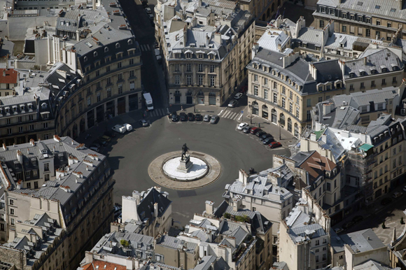 An aerial view shows the Place des Victoires in Paris
