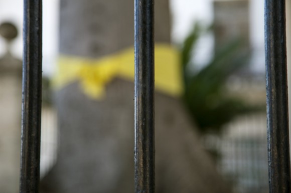 René González ata una cinta amarilla a la ceiba de El Templete, en La Habana Vieja. Foto: Roberto Chile/Cubadebate