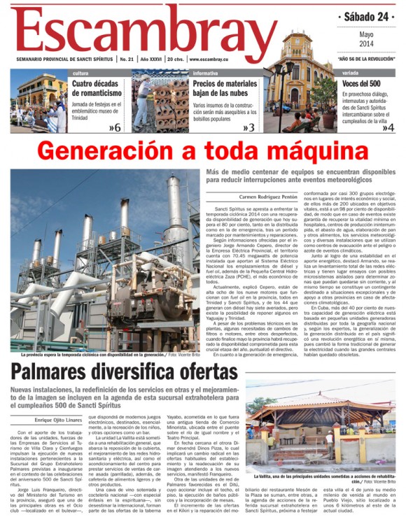 Periódico Escambray, provincia Sancti Spiritus, sábado 24 de mayo de 2014