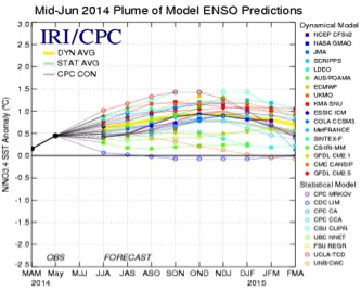 Diferentes Modelos de Pronóstico. La gran mayoría de los modelos están sobre +0.5 ºC, indicativo de un futuro “El Niño”, (Gráfica del IRI, International Research Institute for Climate and Society.