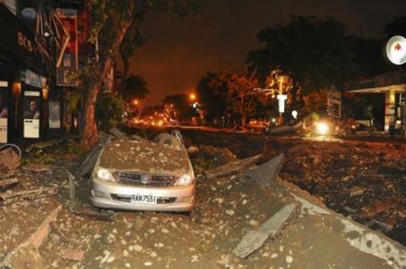 Wreckage of a damaged car is pictured after an explosion in Kaohsiung