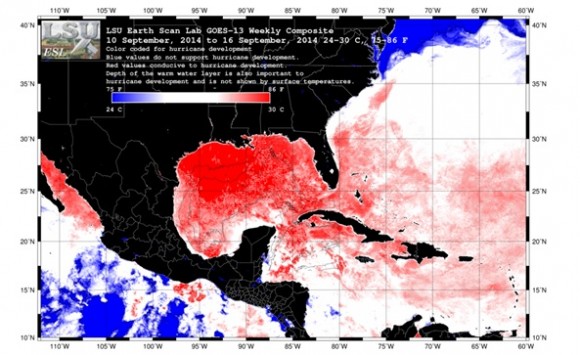 Temperatura Superficial del mar procesada a partir de los datos del satélite GOES para la semana del 10 al 16 de septiembre de 2014. Se muestran las zonas más favorables para la formación de huracanes, según la temperatura oceánica. Tomada de esl.lsu.edu