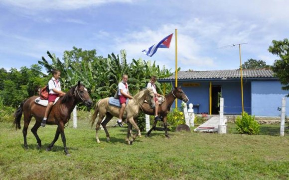 Todos los días Adrián, Alejandro y Yordan llegan a la escuela sobre sus caballos. Foto: Edelvis Valido.