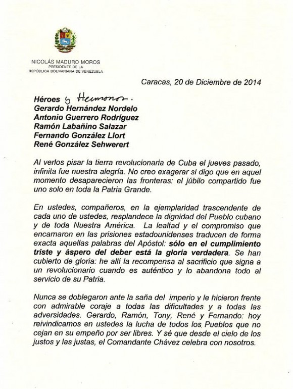 carta Maduro a los 5Héroes pag 1