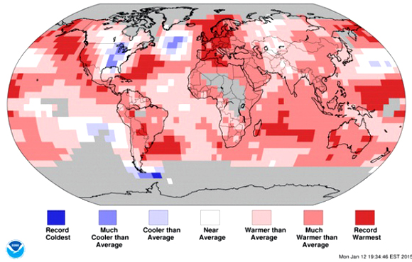 Records de calor (rojo) y de frío (azul) en 2014. Foto: NOAA
