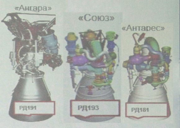 Los tres motores de kerolox de una cámara de combustión de NPO Energomash (Novosti Kosmonavtiki).