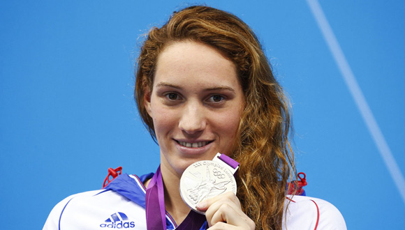France's Camille Muffat poses with her silver medal for the women's 200m freestyle final with an Olympic record during the London 2012 Olympic Games at the Aquatics Centre