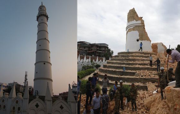 La torre Dharahara antes del terremoto, a la izquierda, y, a la derecha, después.