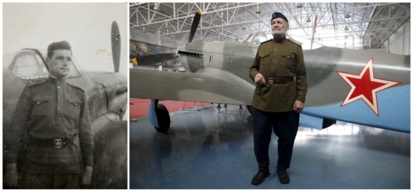 Teniente General Viatly Rybalka de 92 años fue piloto militar soviético y comandante del escuadrón aéreo que sirvió en el primer y segundo frentes en Ucrania. En la foto de la derecha posa delante de un avión soviético Yak-9 en el Museo Central de la Fuerza Aérea en Moscú, Rusia. Foto: Reuters