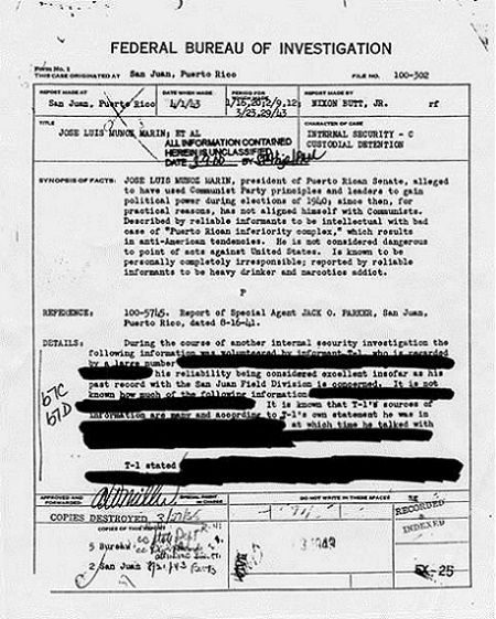 Documentos desclasificados por el FBI sobre el Gonbernador, Luis Muñoz Marín.
