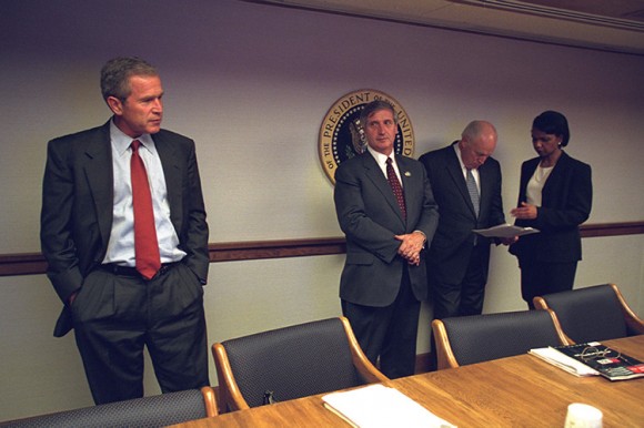 U.S. President George Bush is pictured with U.S. Vice President Dick Cheney and National Security Advisor Condoleezza Rice in the President's Emergency Operations Center in Washington in the hours following the September 11, 2001 attacks in this U.S Natio