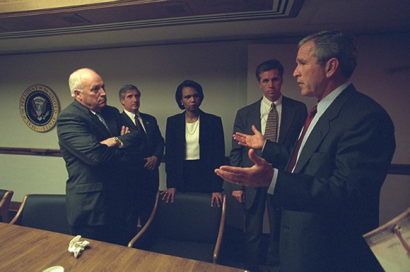 U.S. President George Bush is pictured with U.S. Vice President Dick Cheney and senior staff in the President's Emergency Operations Center in Washington in the hours following the September 11, 2001 attacks in this U.S National Archives handout photo
