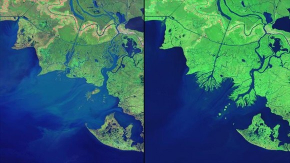 Una comparación realizada sobre el nivel del mar en las costas de Misisipi desde 1992.
