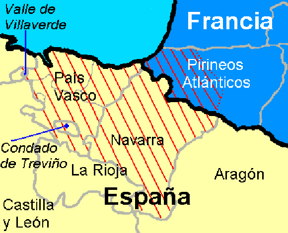 Frontera entre España y Francia: la zona subrayada ilustra el lugar de los asentamientos vascos.