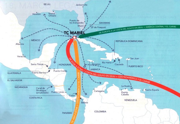 Con el desarrollo de Mariel, Cuba tiene la posibilidad de llegar a ser punto fundamental para el comercio entre Asia, Europa, Centro y Sudamérica, el Caribe y Norteamérica. Gráfico: Caribbean Professional Services Ltd. / Oficina de la ZEDM