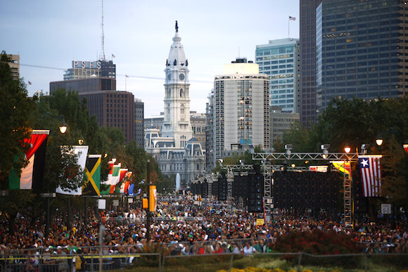 Thousands of people attend the Festival of Families along the Benjamin Franklin Parkway, Saturday, Sept. 26, 2015, in Philadelphia during the visit of Pope Francis to the city.  (AP Photo/Matt Rourke, Pool)