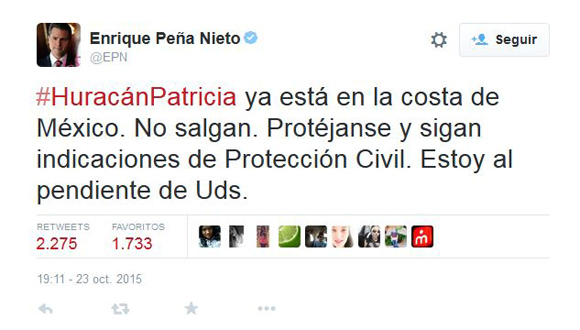 Tweet del Presidente mexicano a porpósito de la llegada del huracán Patricia a tierra mexicana.