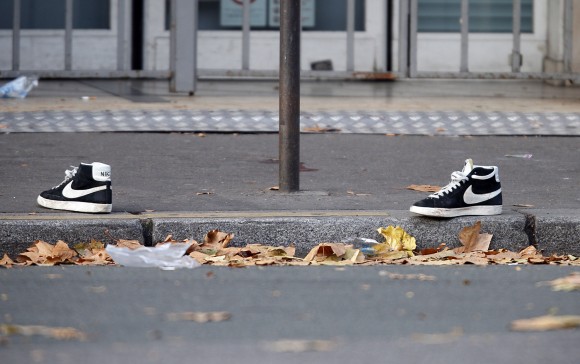 A pair of abandoned shoes seen left in the street near the Bataclan concert hall the morning after a series of deadly attacks in Paris