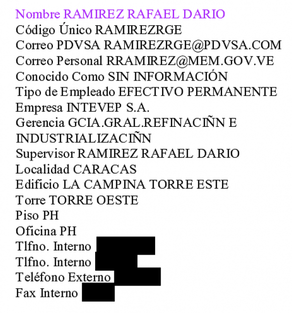 Una captura de pantalla de un documento de la NSA de alto secreto que muestra el perfil de contacto interna de Rafael Darío Ramírez, el entonces presidente de PDVSA.