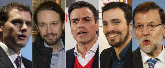 De izquierda a derecha, los candidatos Albert Rivera, Pablo Iglesias, Pedro Sánchez, Alberto Garzón y Mariano Rajoy. Foto tomada de The Huffington Post