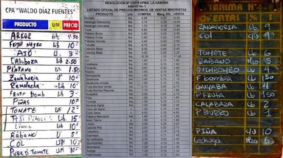 Comparación de los precios en enero. De izq. a der. Agromercado arrendado a la CPA Waldo Díaz Fuentes en Playa, listado de precios de los MAE y agromercado administrado por la CCS Antero Regalado. Autor: Cubadebate. 