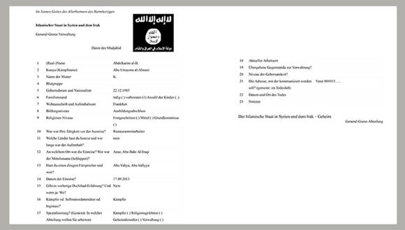 Documento del Estado Islámico publicado por medios en Alemania.Fuente: WDR/NDR/SZ.