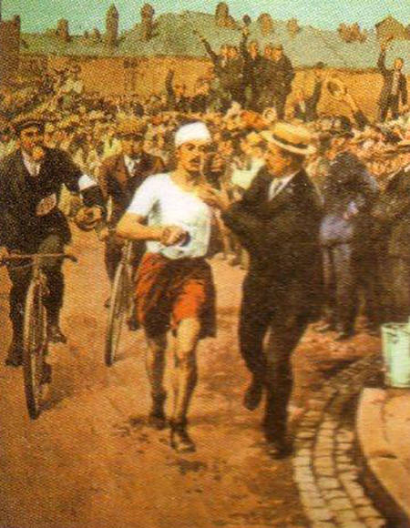Dorando Petri, en la maratón de Londres 1908.