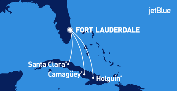 Cuando todavía el gobierno de los EE.UU. no ha autorizado los vuelos a La Habana, la aerolínea JetBlue anuncia viajes diarios desde la Florida a Villa Clara, Camagüey y Holguín. Imagen: JetBlue.