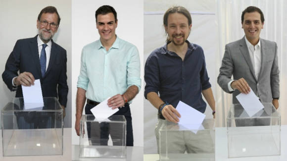 Los líderes de los cuatros partidos con más votos. De izq. a der. Mariano Rajoy (PP), Pedro Sánchez (PSOE), Pablo Iglesias (UP) y Albert Rivera (C`s). Foto: Dany Caminal y Joan Cortadellas/ El Periódico.