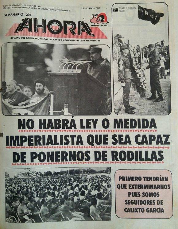 El Comandante en Jefe ocupa la portada del periódico Ahora. Foto tomada del blog Holguín Ahora. 