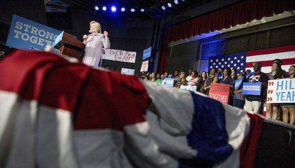 Democratic presidential candidate Hillary Clinton speaks to volunteers at a Democratic party organizing event at the Neighborhood Theater in Charlotte, Monday, July 25, 2016. (AP Photo/Andrew Harnik)
