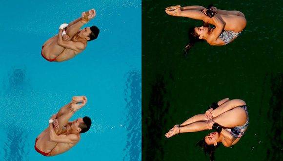 La piscina de salto olímpico el 8 de agosto (izquierda) y el 9 de agosto (derecha). Foto: AP